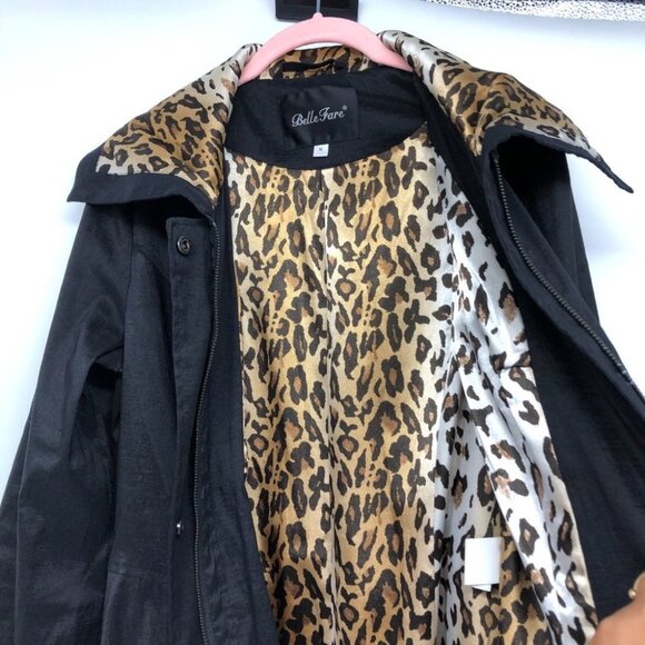 Bella Fare Black Cheetah Print Trim Lining retro slim fit Trench Coat size M - Picture 7 of 13